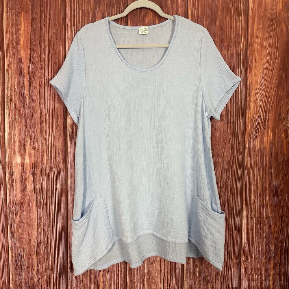 Et' Lois Gauze Cotton Light Blue Top with Pockets 100% Cotton Size Large L